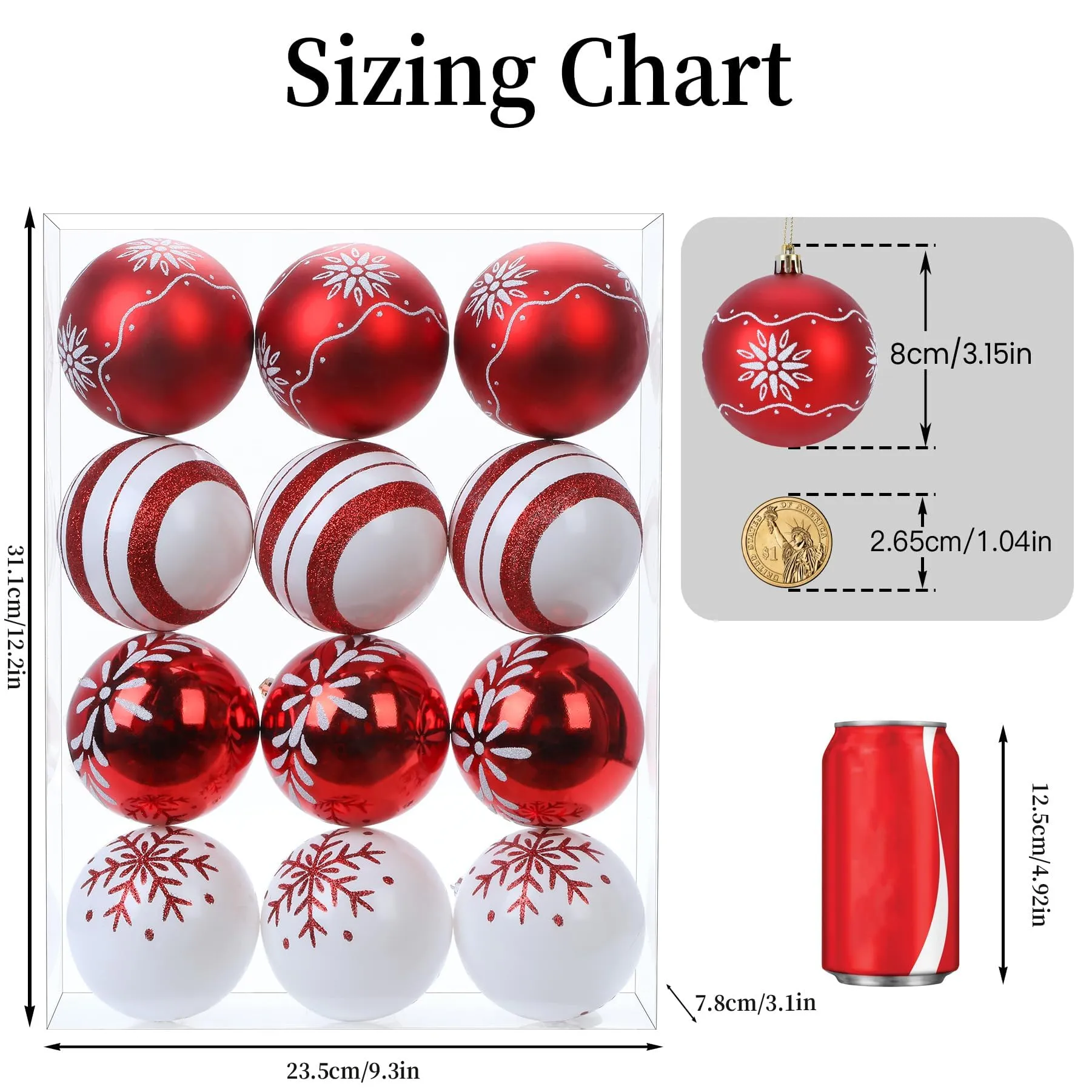 Red & White Christmas Tree Ornaments Set of 12 - 3.15 Inch Balls