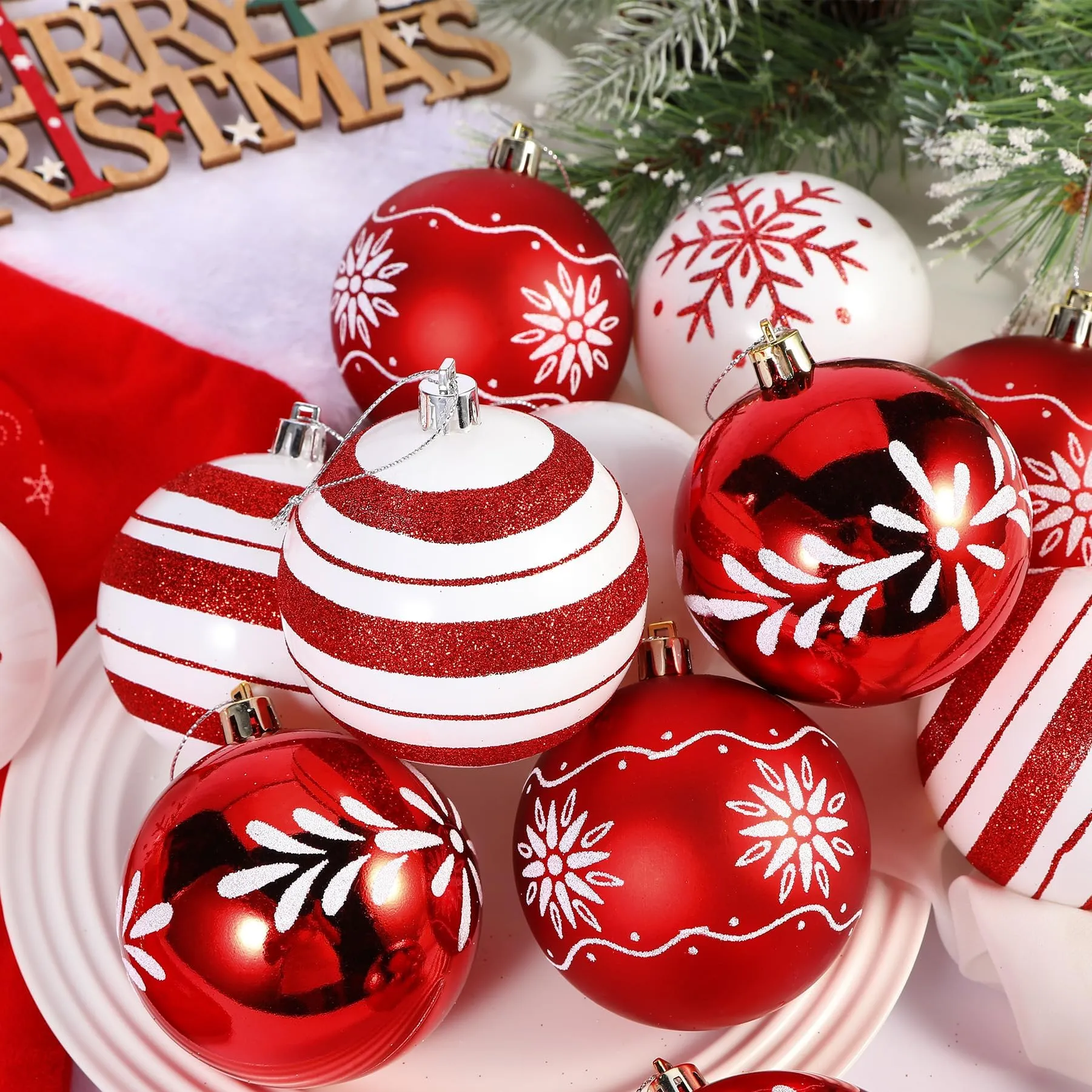 Red & White Christmas Tree Ornaments Set of 12 - 3.15 Inch Balls