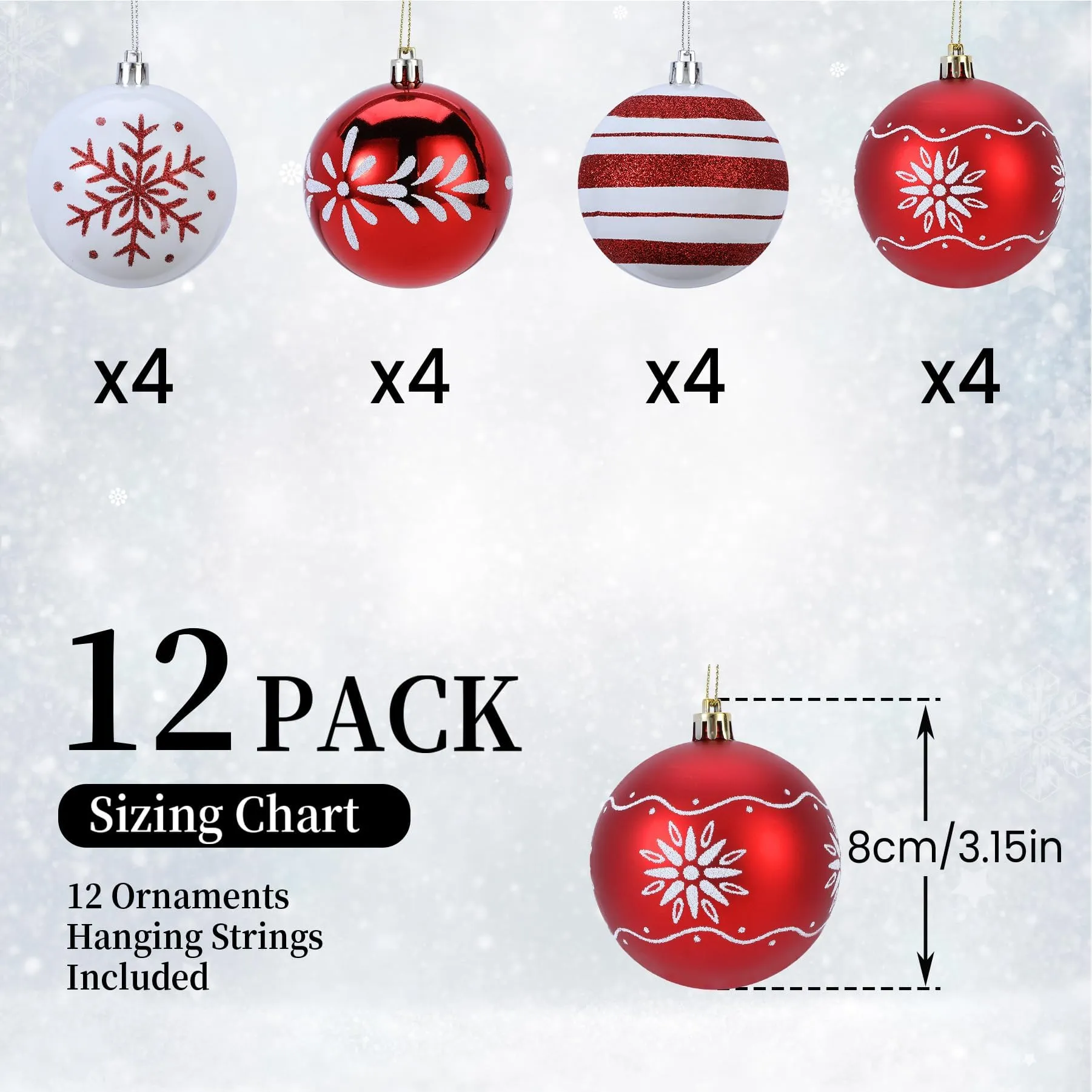 Red & White Christmas Tree Ornaments Set of 12 - 3.15 Inch Balls