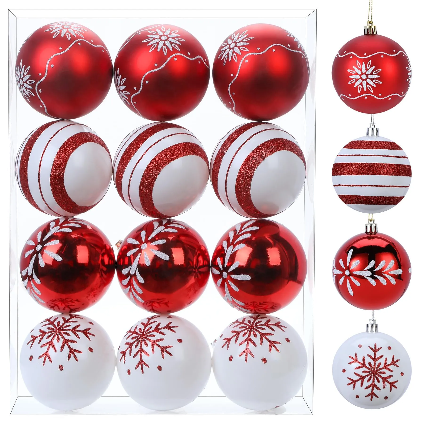 Red & White Christmas Tree Ornaments Set of 12 - 3.15 Inch Balls