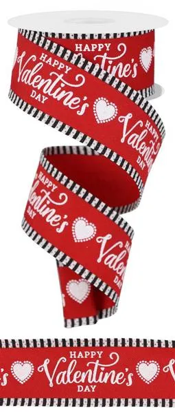 1.5"x10yd Happy Valentine's Day On Royal Burlap w/Thin Stripe Edge, Red/Black/White  DC11