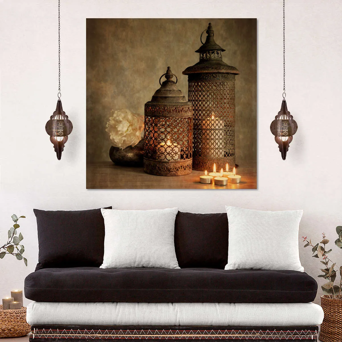 2 Lanterns With Flower Wall Art