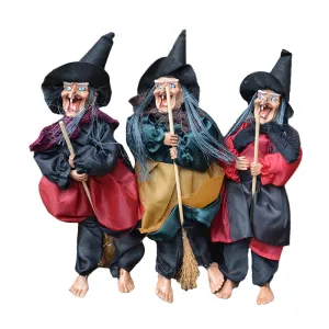 Amawill Halloween Hanging Horror Witch Dolls Toys Voice Control Prop Ghost Scary Riding Broom Bar Wall Hang Home Garden Decor