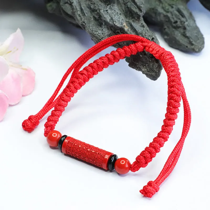 Ancient Style Red Cinnabar Stone Bracelet with Sterling Silver Auspicious Cloudscape Pattern