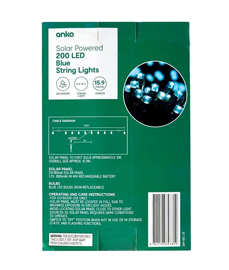 Anko Solar Powered 200 LED Blue String Lights/Suitable for Outdoor