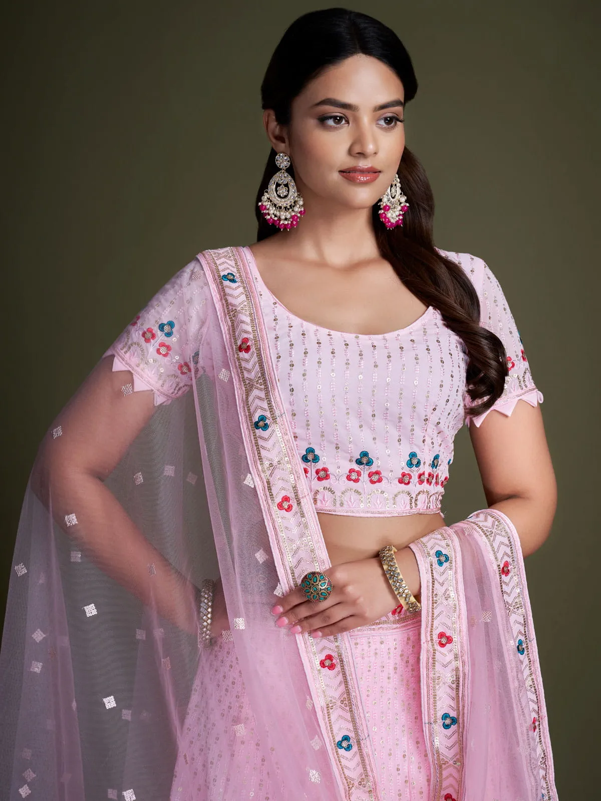 Baby Pink Georgette Embroidered Lehenga Choli