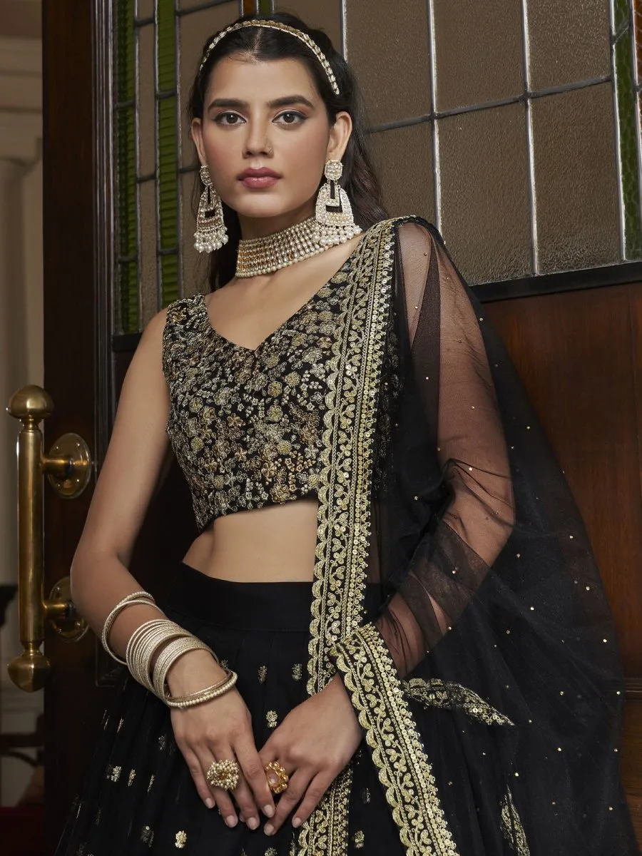 Black Net Embroidered Lehenga Choli