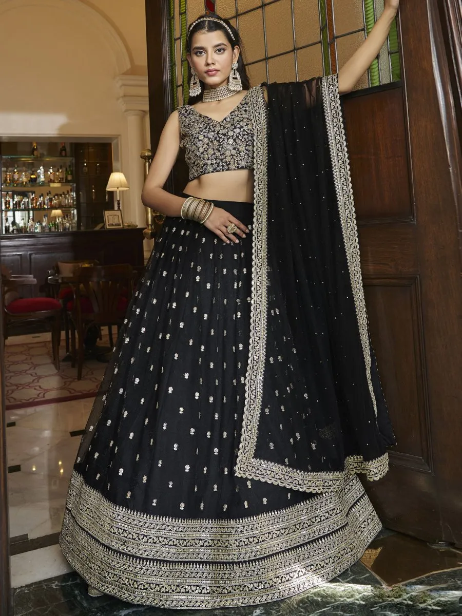 Black Net Embroidered Lehenga Choli