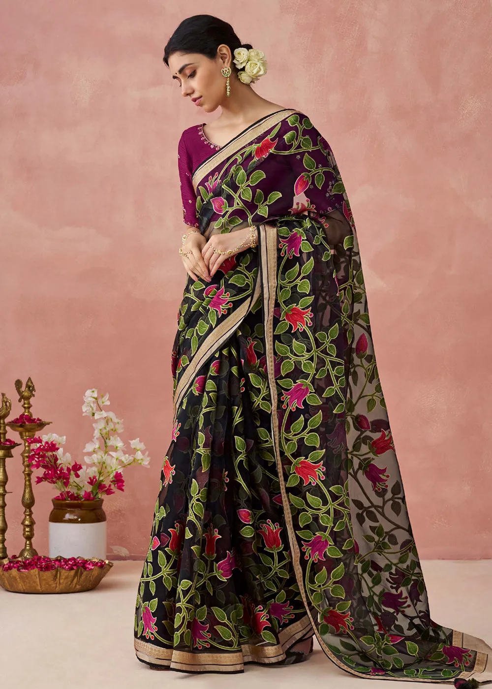 Black Soft Brasso Organza Printed Festive Classic Saree