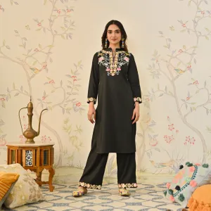 Black Woollen Aari Embroidered Straight Kurta Pant Set with Mandarin Collar