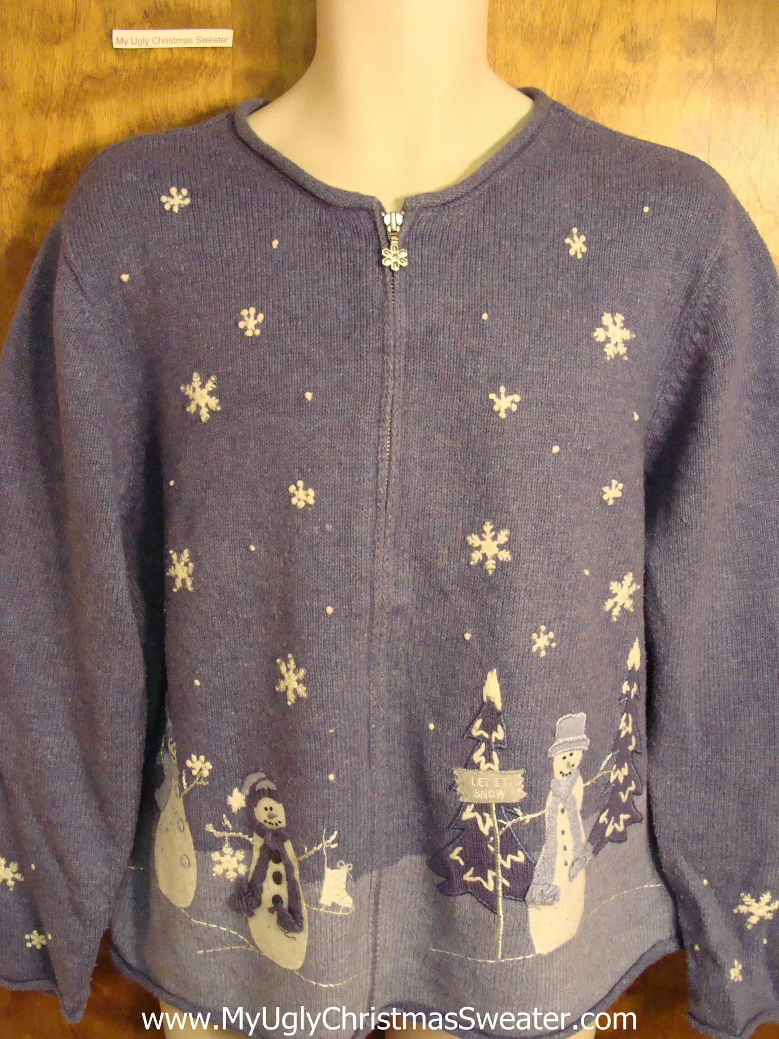 Blue 2sided Snowman and Flakes Cute Holiday Sweater