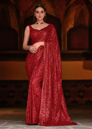 Bright Red Thread & Sequins Party Wear Designer Saree