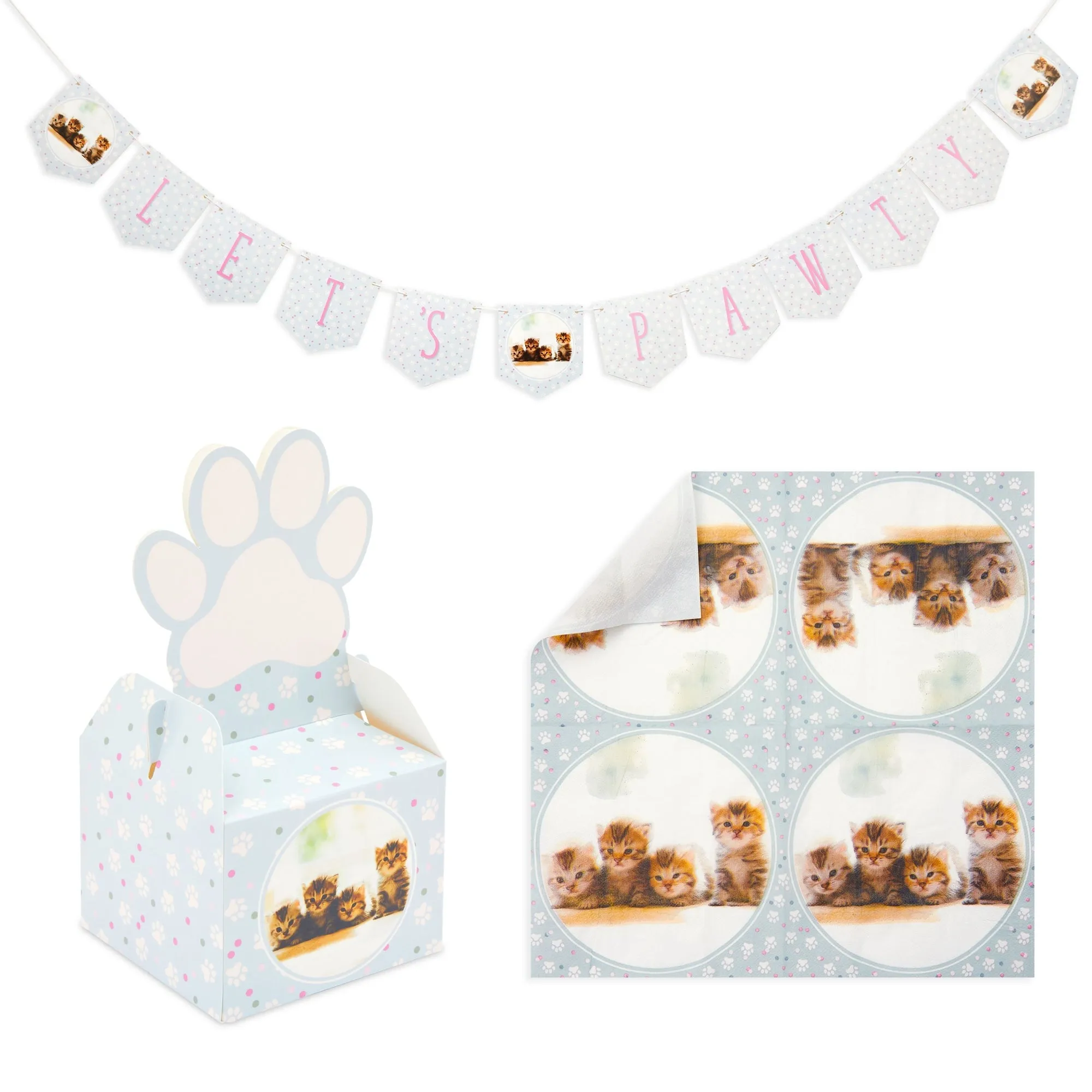 Cat Birthday Decorations, Kitty Dinnerware Set, Banner, Favor Boxes, Balloons (Serves 24, 217 Pieces)