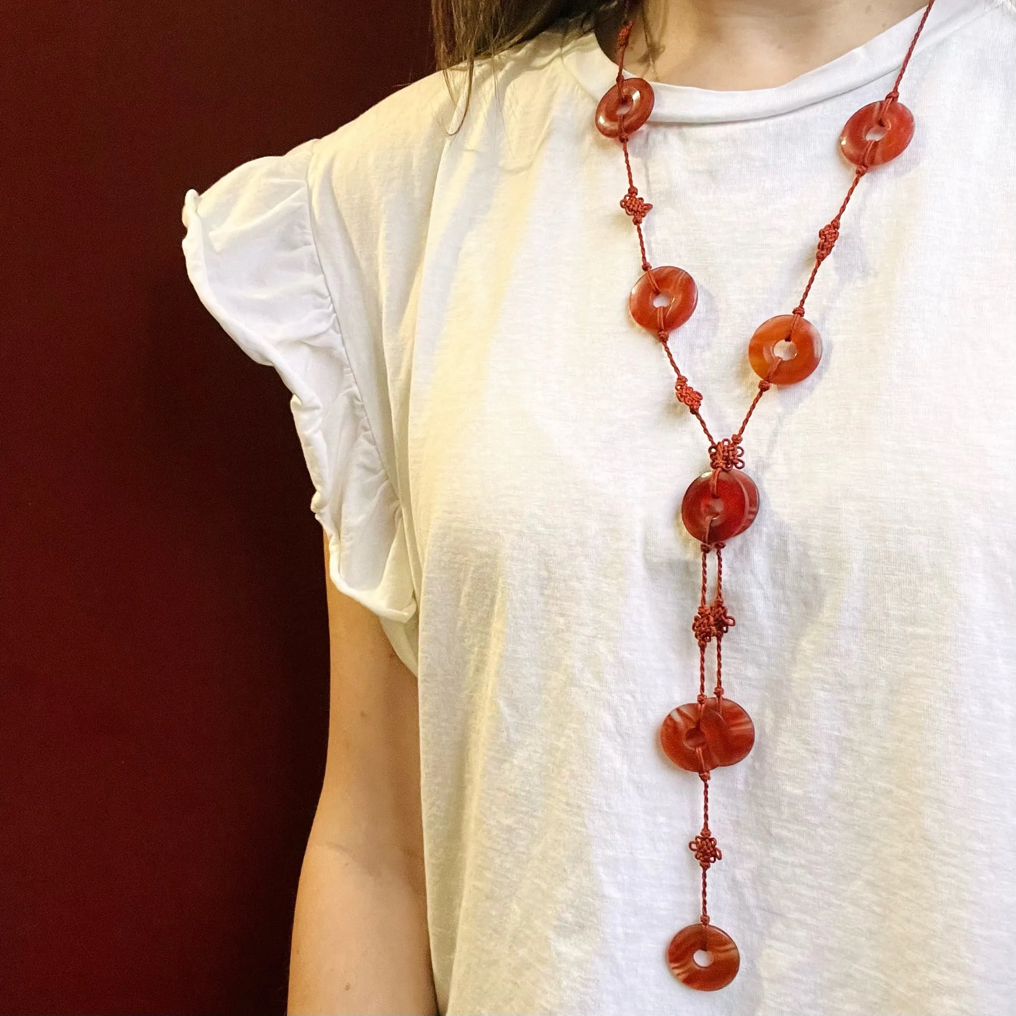 Chinese Silk Lariat Necklace with Carnelian "Coins"