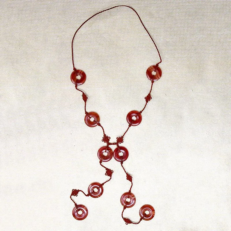 Chinese Silk Lariat Necklace with Carnelian "Coins"