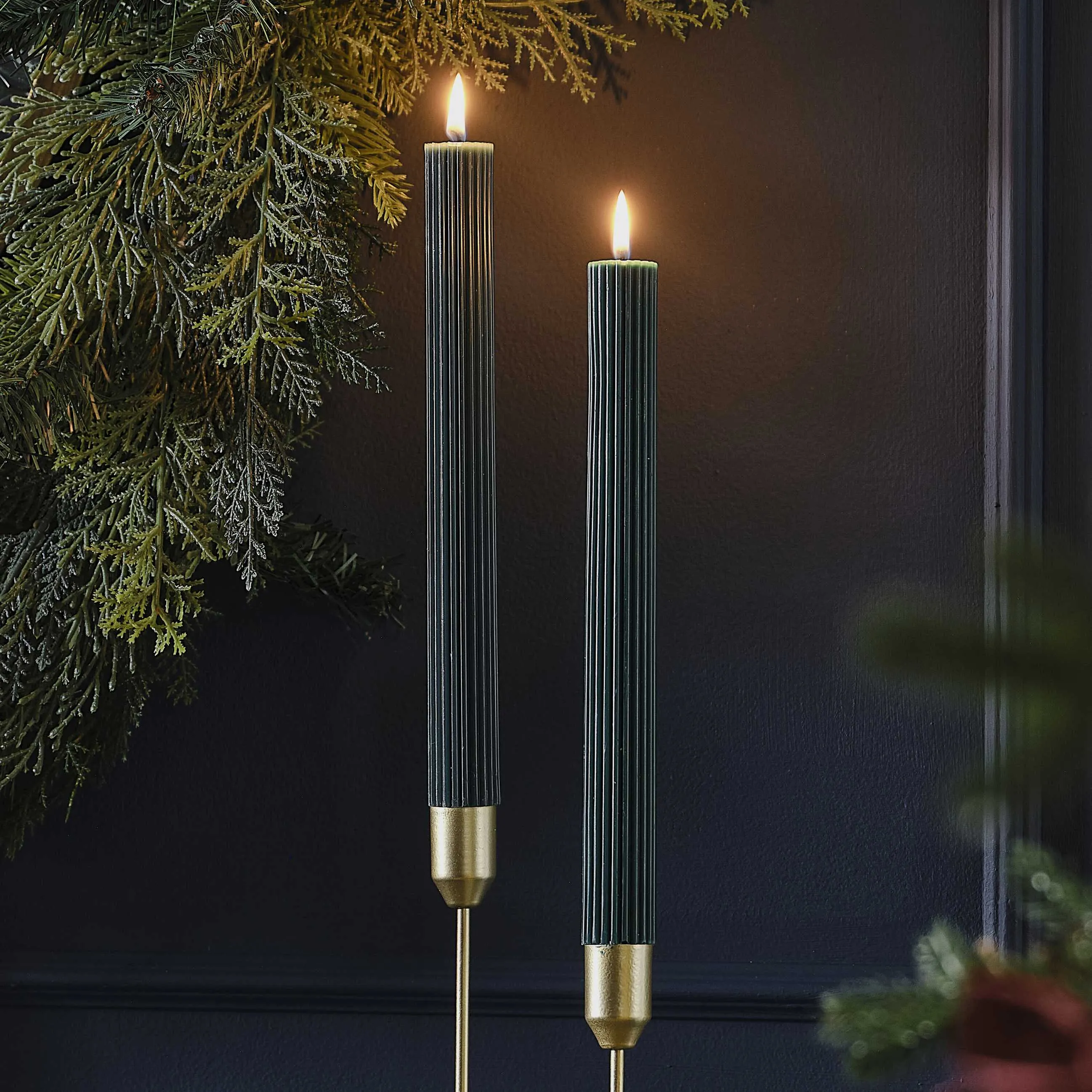 Christmas Dark Green Ribbed Dinner Candles