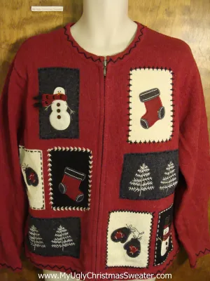 Cute Maroon Crafty Patchwork Holiday Sweater