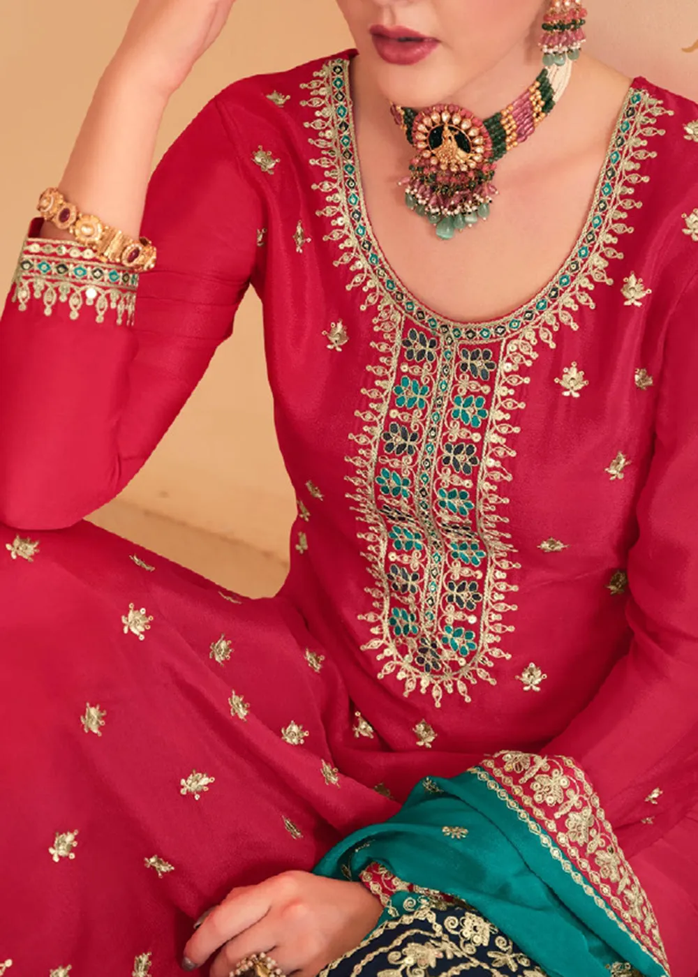 Dazzling Red Embroidered Chinnon Pant Style Salwar Kurta