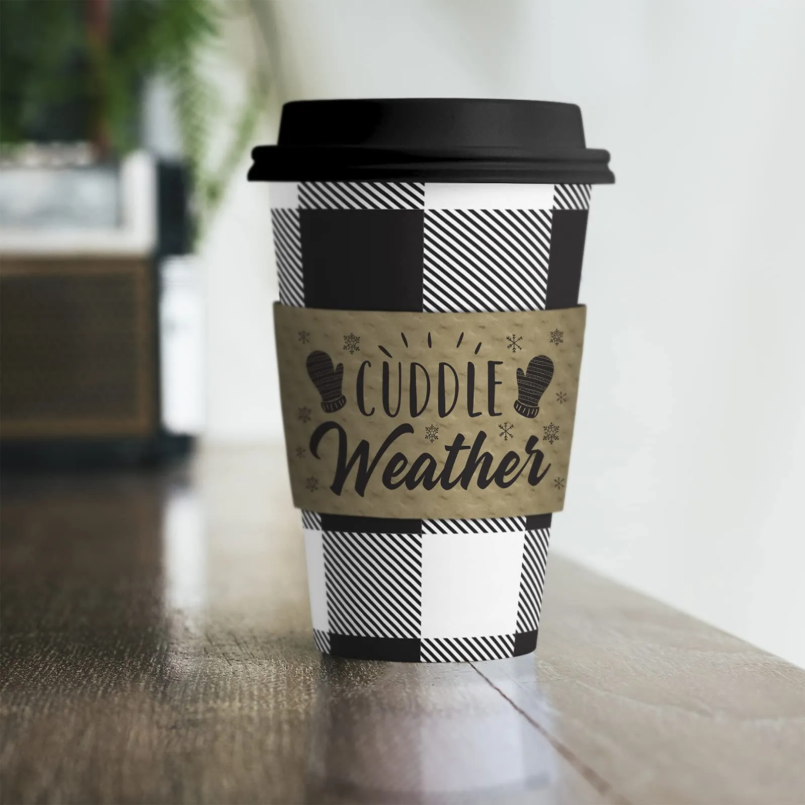 Disposable Coffee or Hot Chocolate Cups - Buffalo Plaid (Black & White Buffalo Plaid, 12-ct with Lids and Winter Kraft Sleeves)