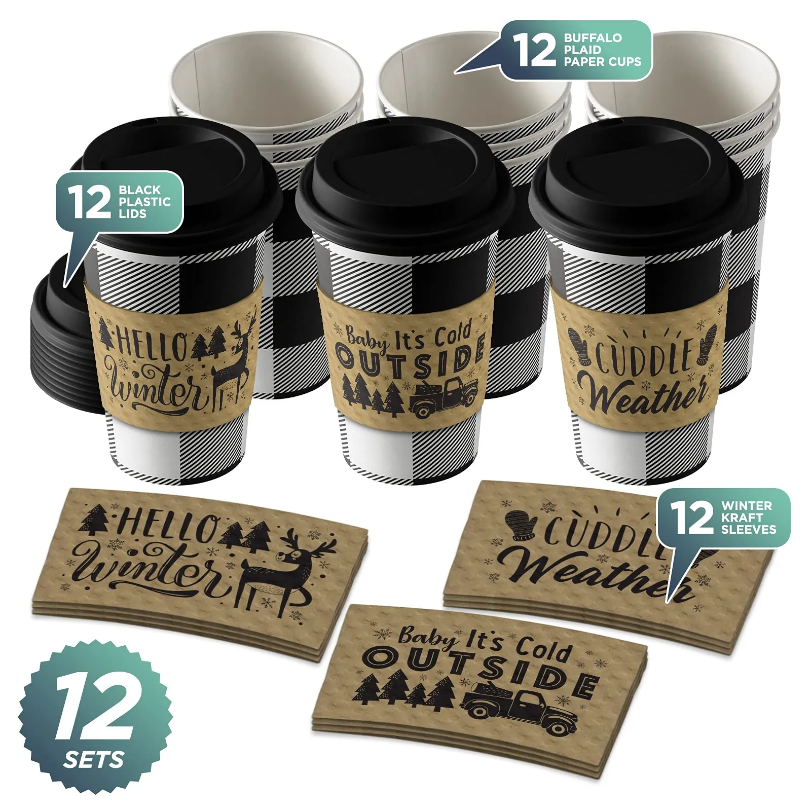 Disposable Coffee or Hot Chocolate Cups - Buffalo Plaid (Black & White Buffalo Plaid, 12-ct with Lids and Winter Kraft Sleeves)