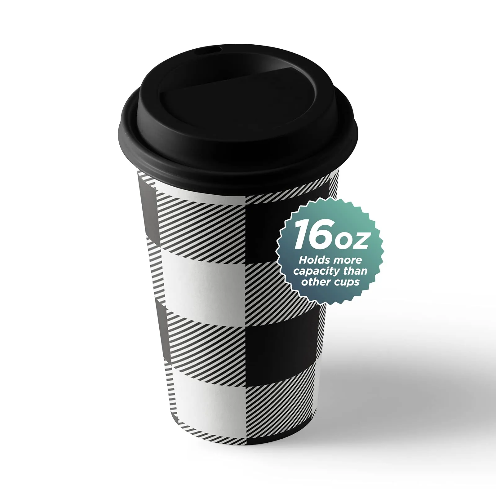 Disposable Coffee or Hot Chocolate Cups - Buffalo Plaid (Black & White Buffalo Plaid, 12-ct with Lids and Winter Kraft Sleeves)