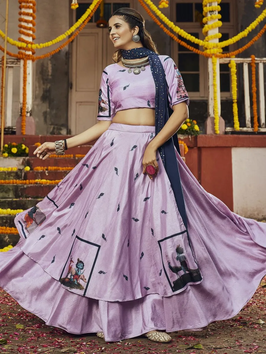 Dusty Pink Silk Digital Print Lehenga Choli