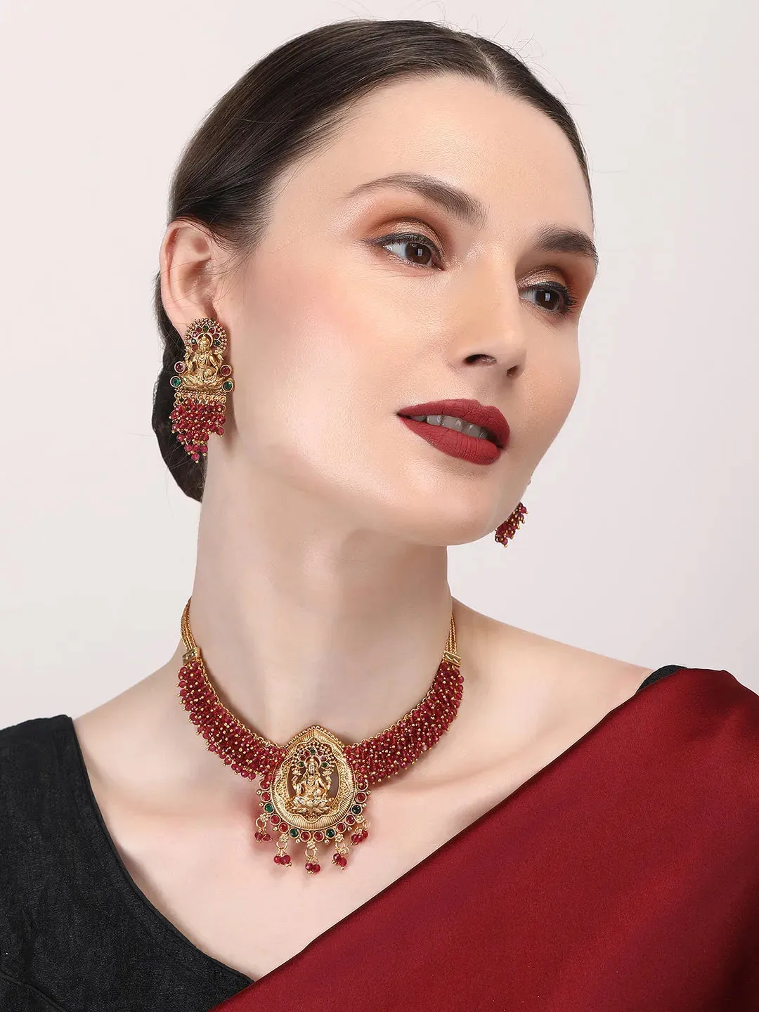 Exquisite Red Hydra Beads Laxmi Temple Necklace Set