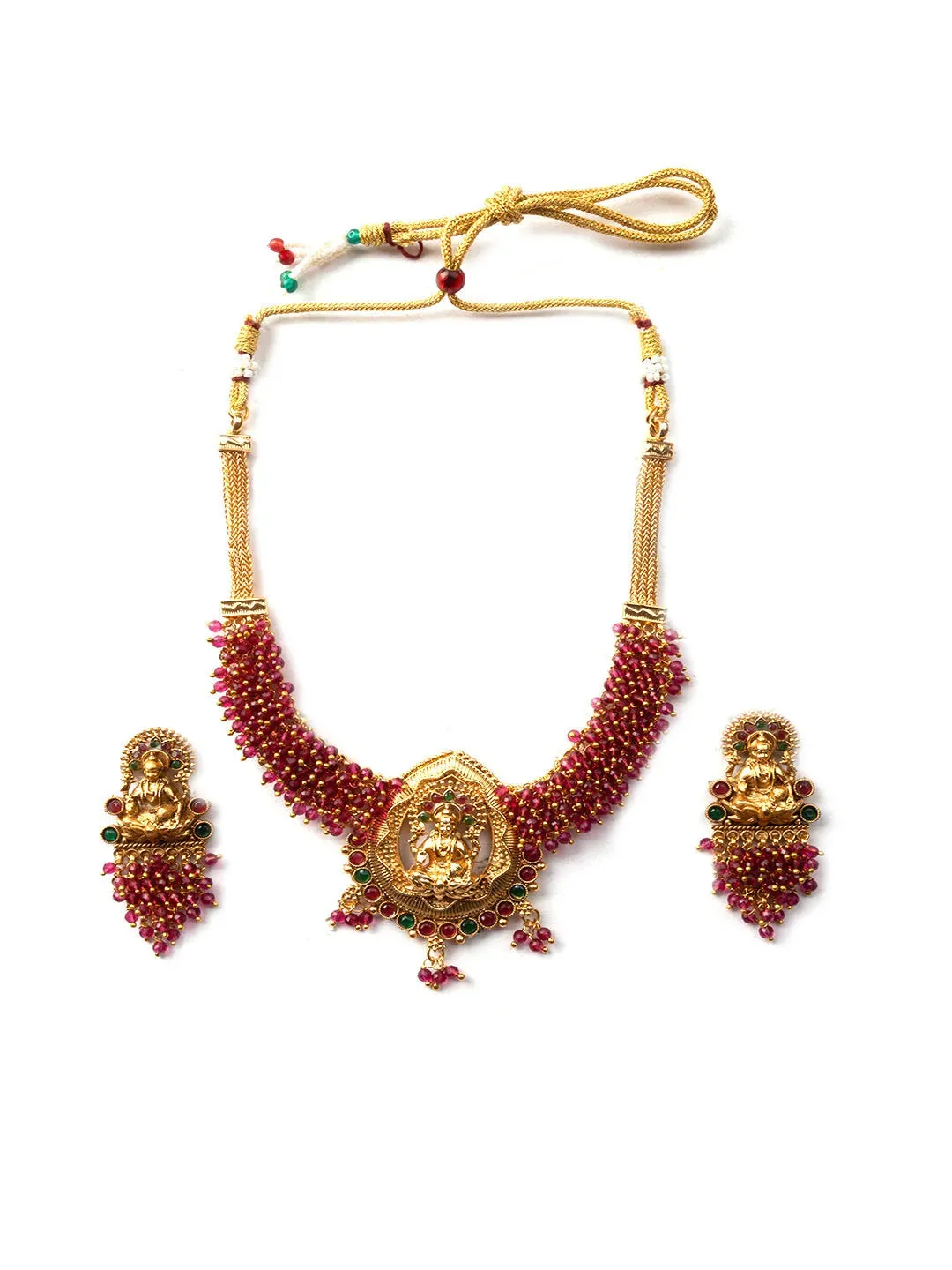 Exquisite Red Hydra Beads Laxmi Temple Necklace Set