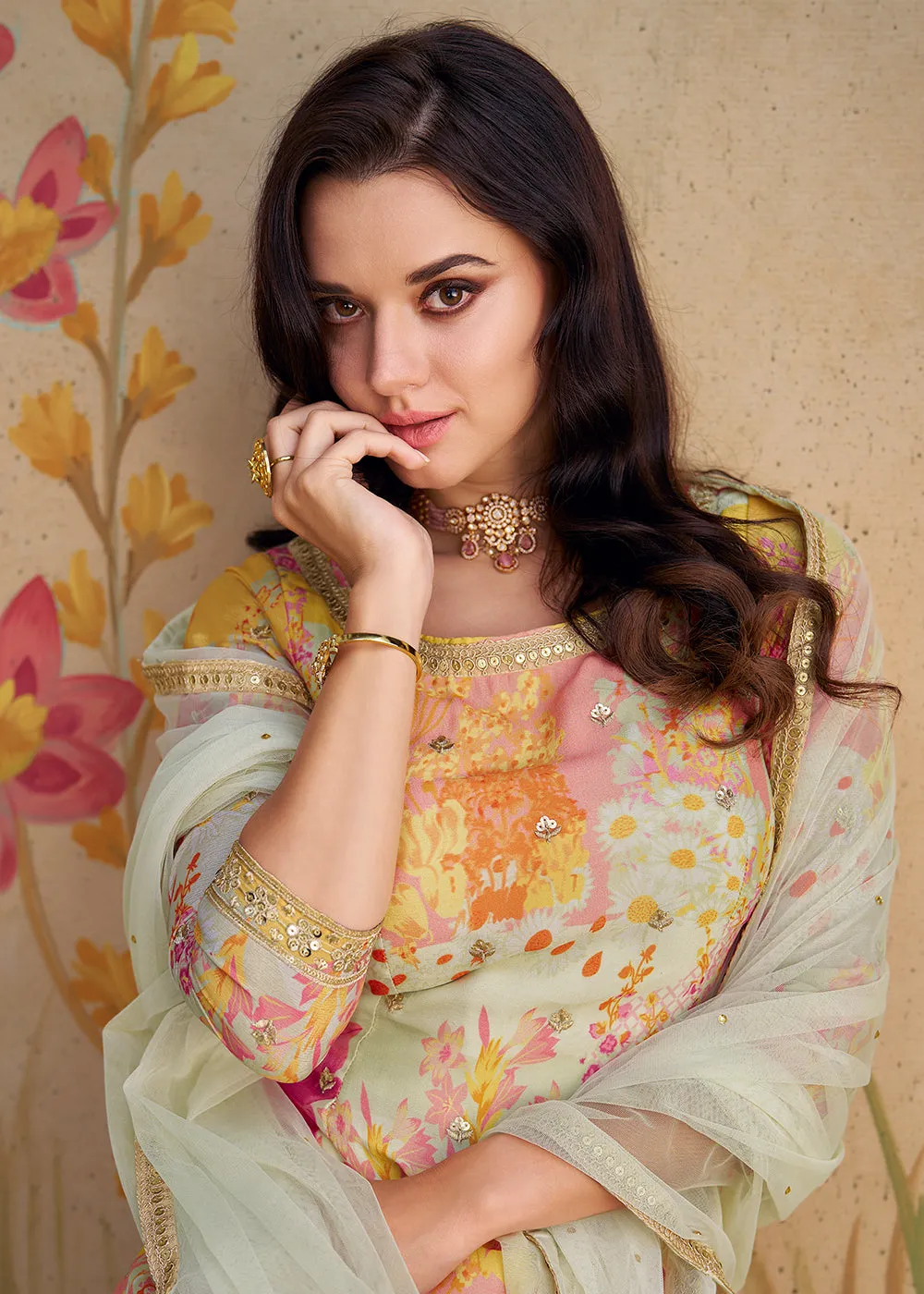 Festive Party Off White Real Chinnon Silk Palazzo Suit