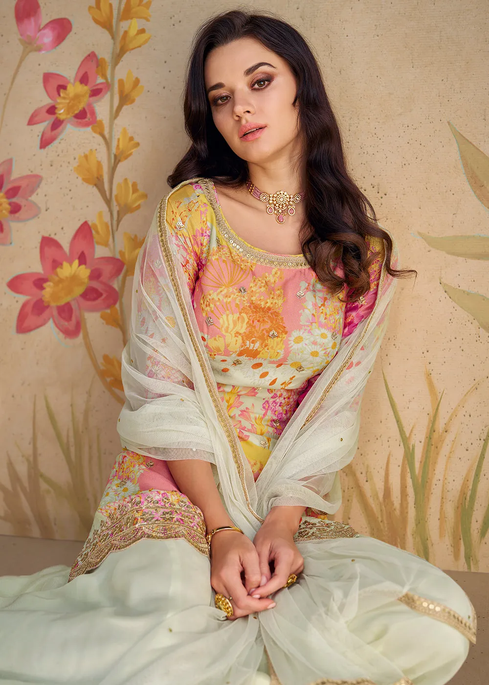 Festive Party Off White Real Chinnon Silk Palazzo Suit