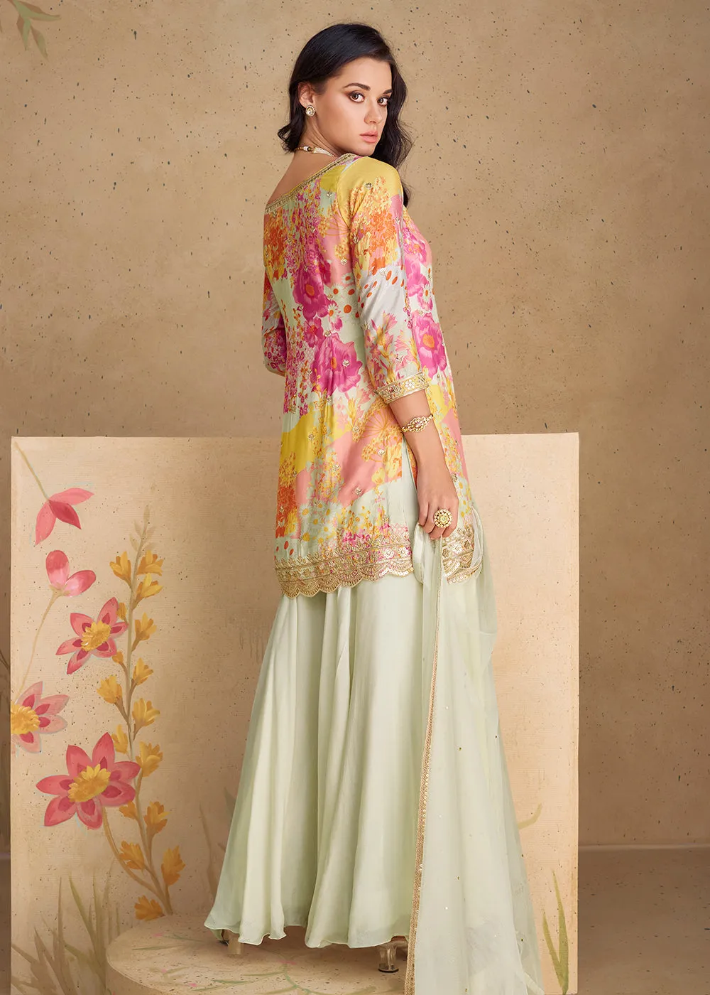 Festive Party Off White Real Chinnon Silk Palazzo Suit