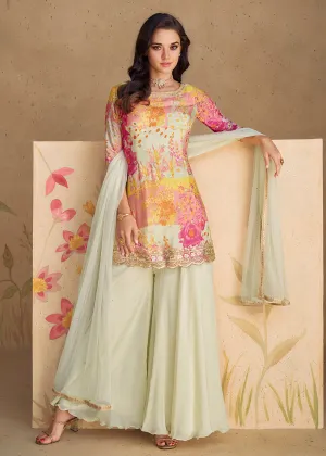 Festive Party Off White Real Chinnon Silk Palazzo Suit