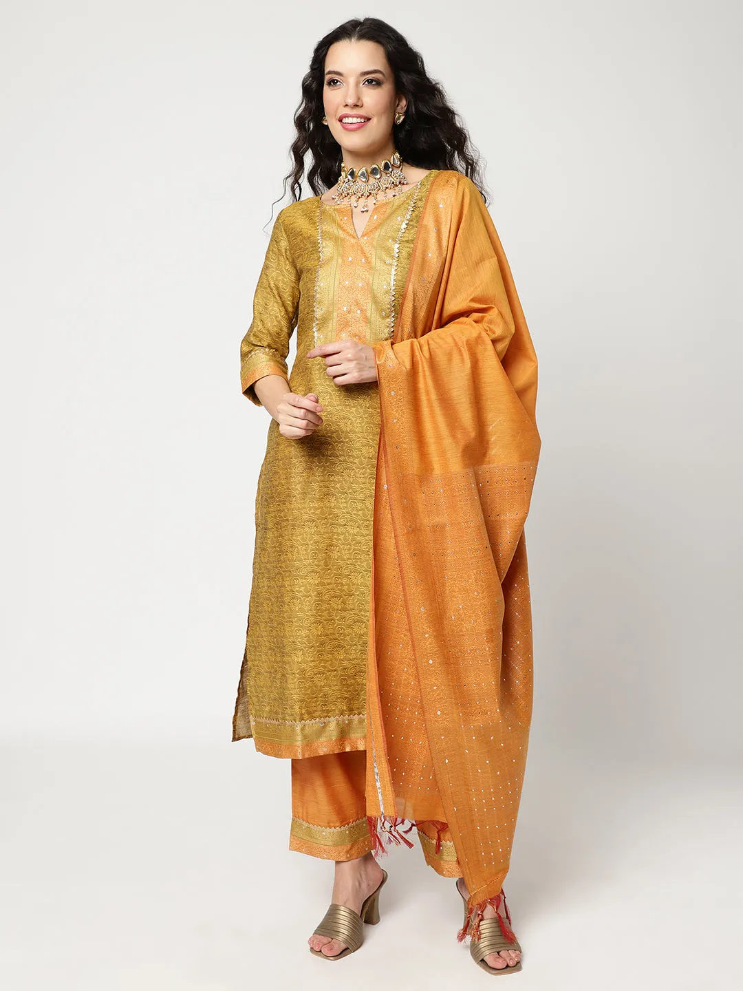 Festive Yoke Kurta With Straight Pant And Matching Dupatta Set