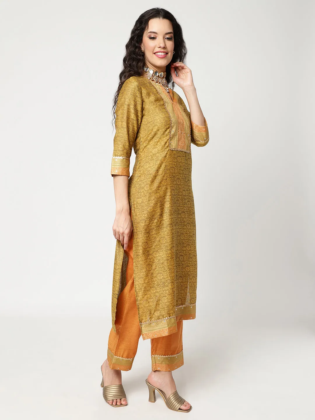 Festive Yoke Kurta With Straight Pant And Matching Dupatta Set