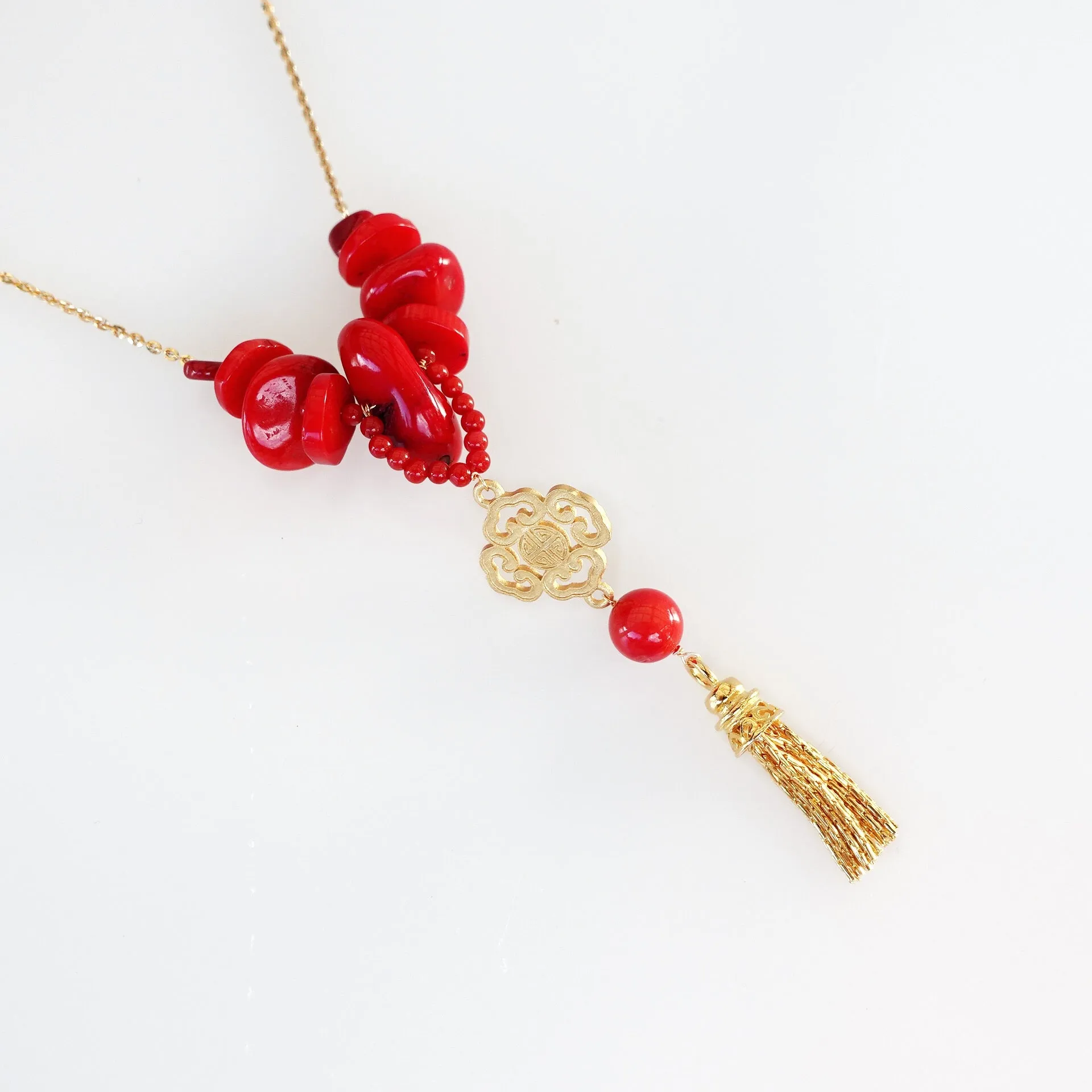 Gold Red Coral Tassel Necklace