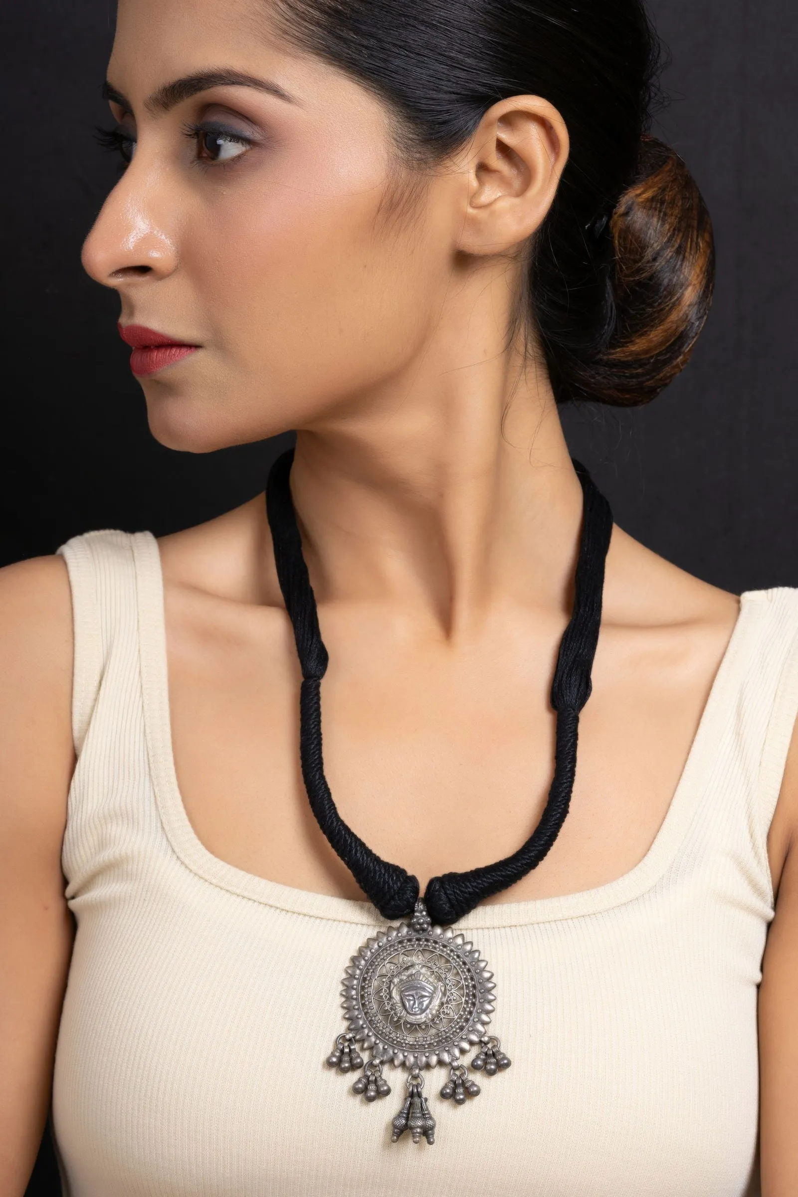 Handcrafted 925 Pure Silver Devi Durga Pendant Necklace with Adjustable Black Dori - Elegant Jewelry