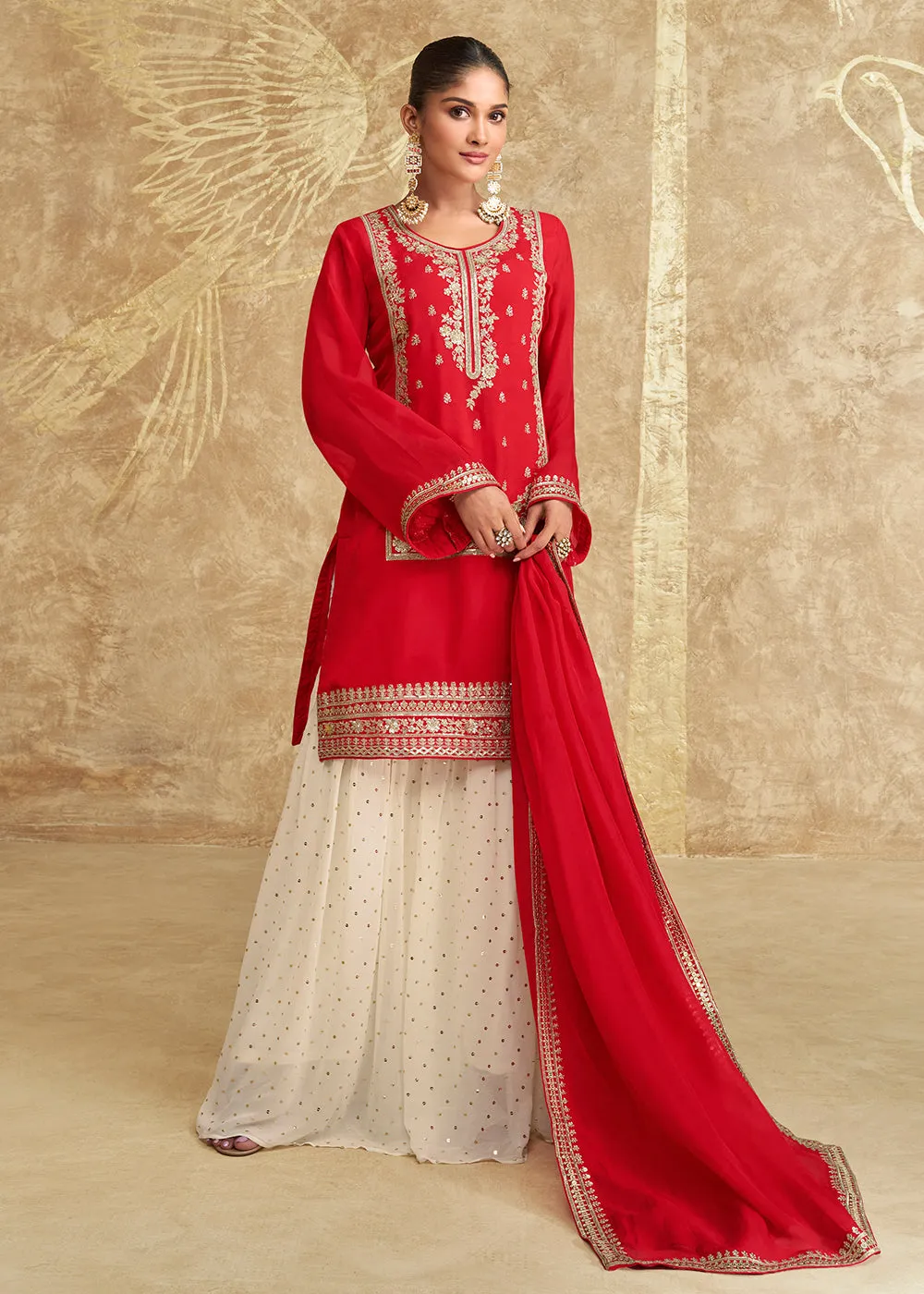 Hot Red Embroidered Chinnon Silk Sharara Suit