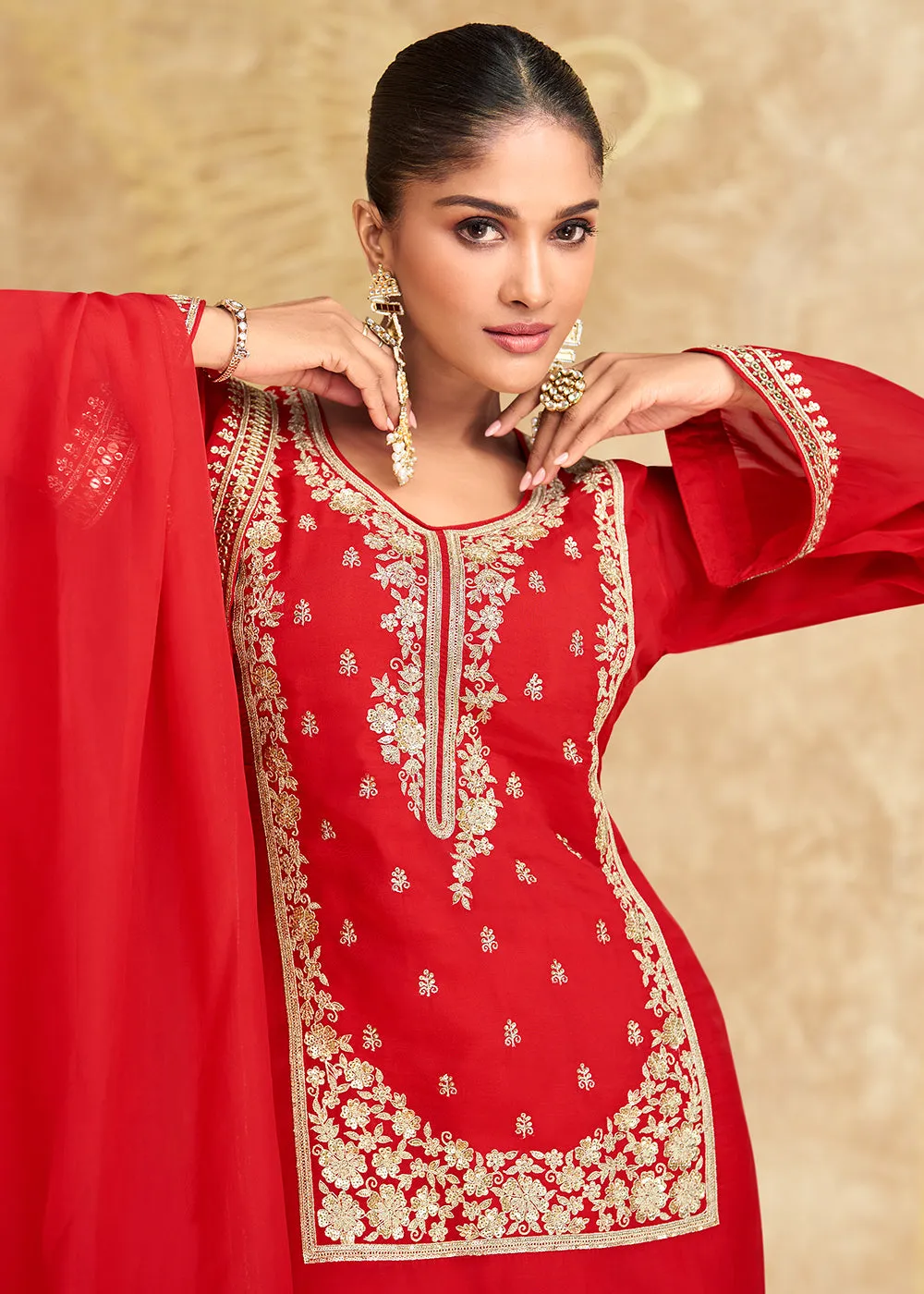 Hot Red Embroidered Chinnon Silk Sharara Suit