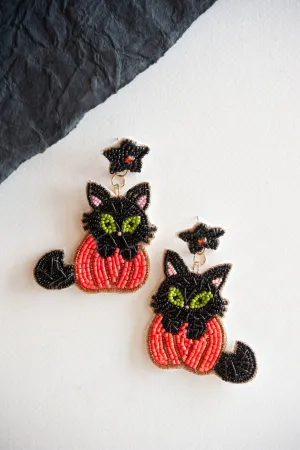 Kitty Pumpkin Dangle | Beaded Halloween Cat Earring