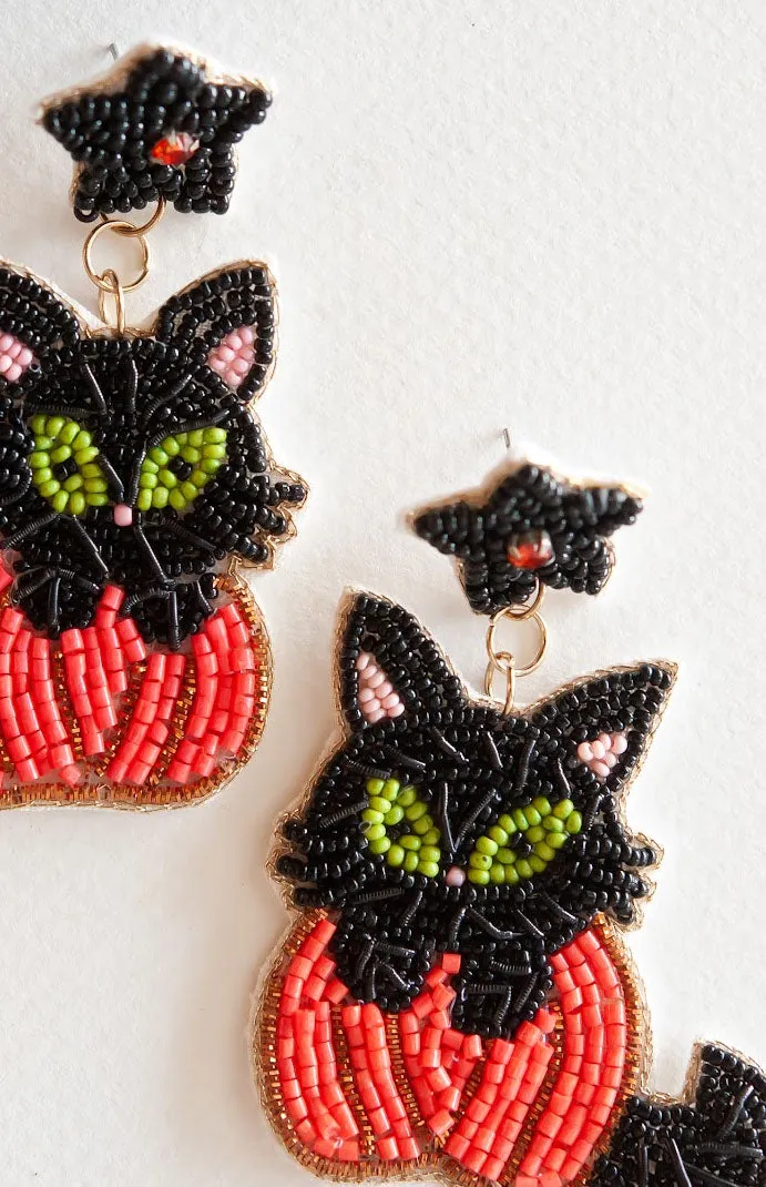 Kitty Pumpkin Dangle | Beaded Halloween Cat Earring