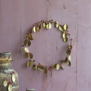 Large Brass Leaf and Red Berries Wreath Decoration