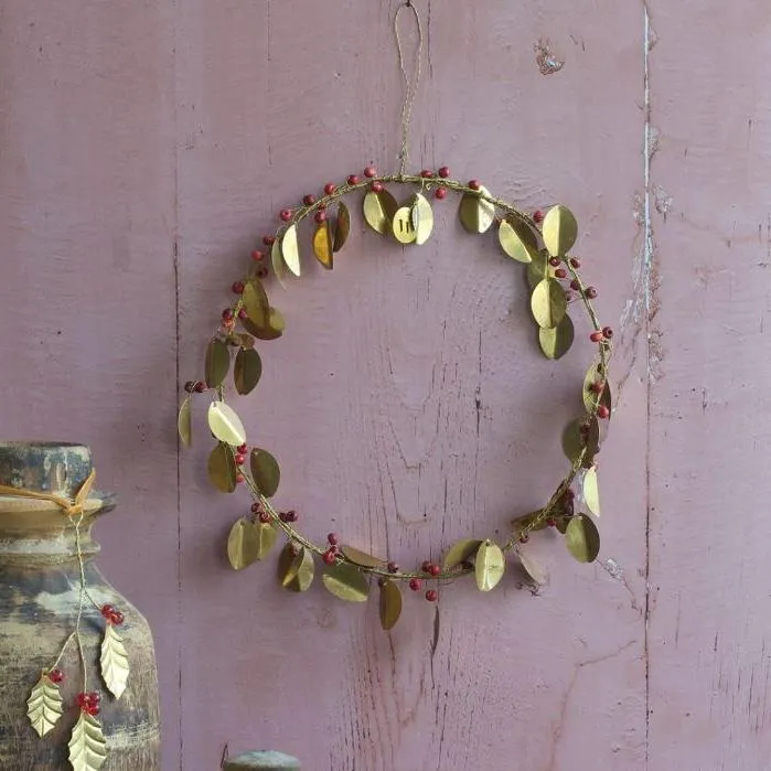 Large Brass Leaf and Red Berries Wreath Decoration