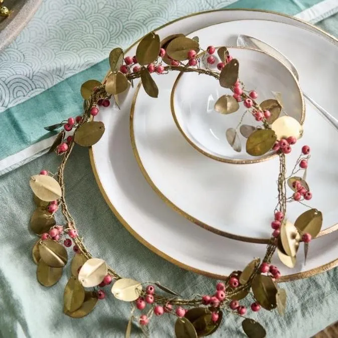 Large Brass Leaf and Red Berries Wreath Decoration