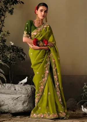 Lime Green Khatli Work Embroidered Designer Wedding Saree