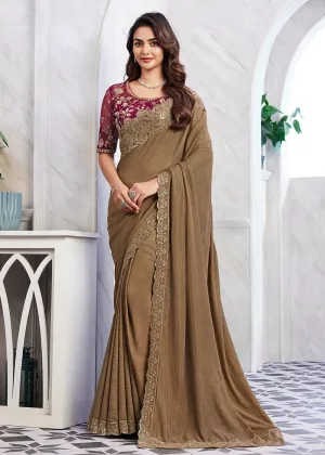 Lovely Light Brown Silk Embroidered Designer Saree