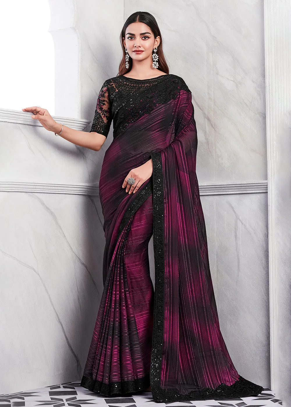 Lovely Plum Purple Silk Embroidered Designer Saree