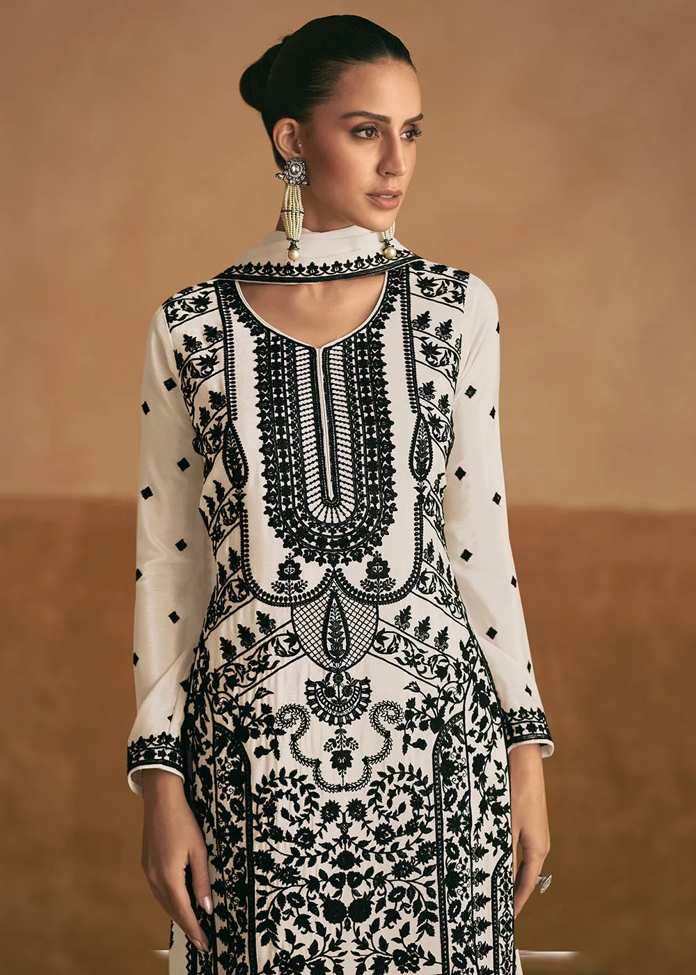 Lucknowi Style Embroidered Silk White Palazzo Suit