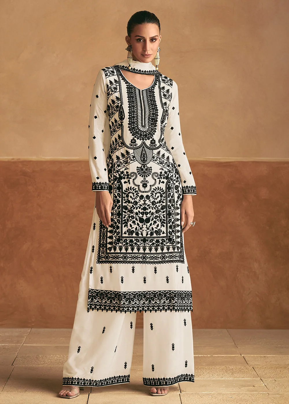 Lucknowi Style Embroidered Silk White Palazzo Suit