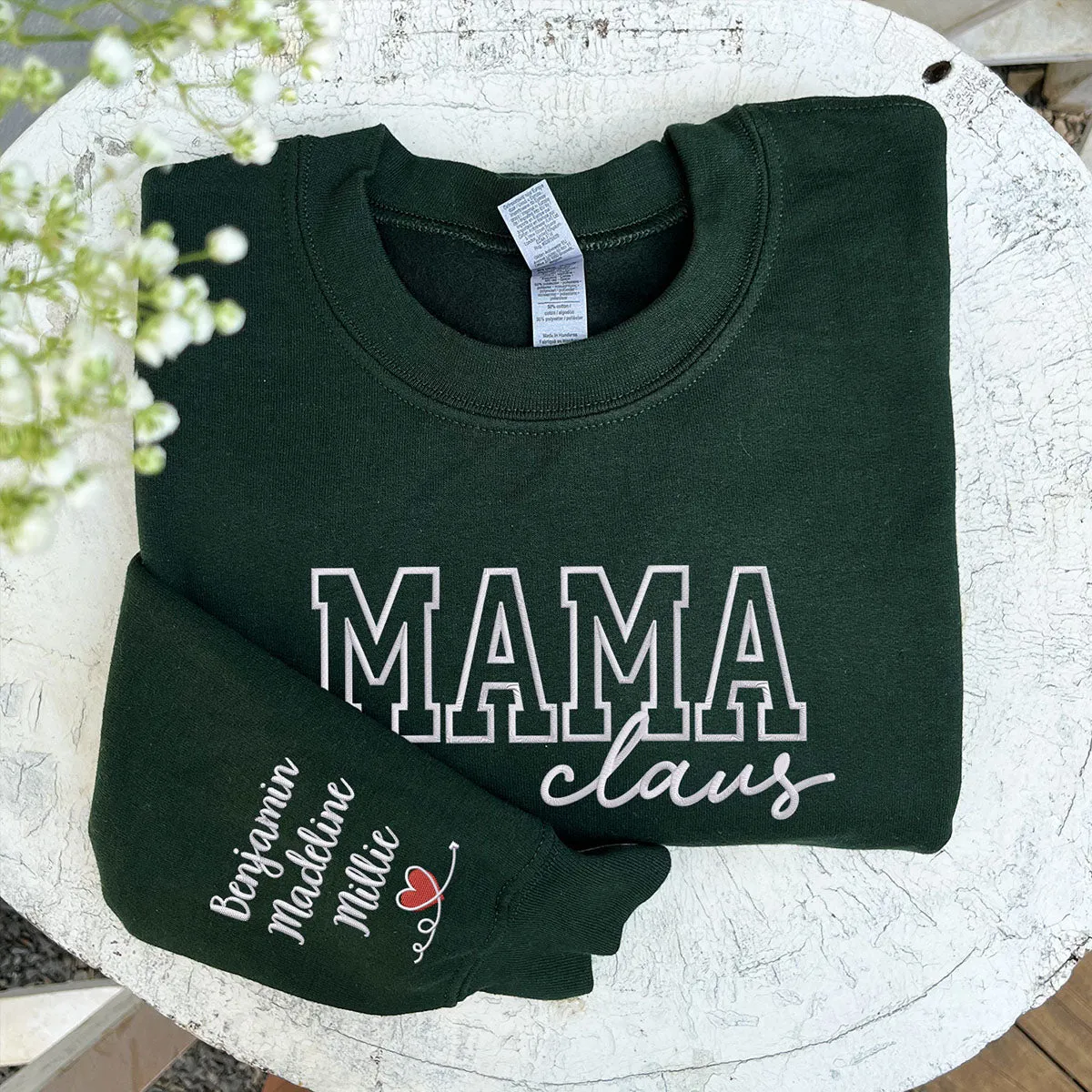 Mama Claus Sweatshirt or Hoodie with Embroidered Kids Names on Sleeve