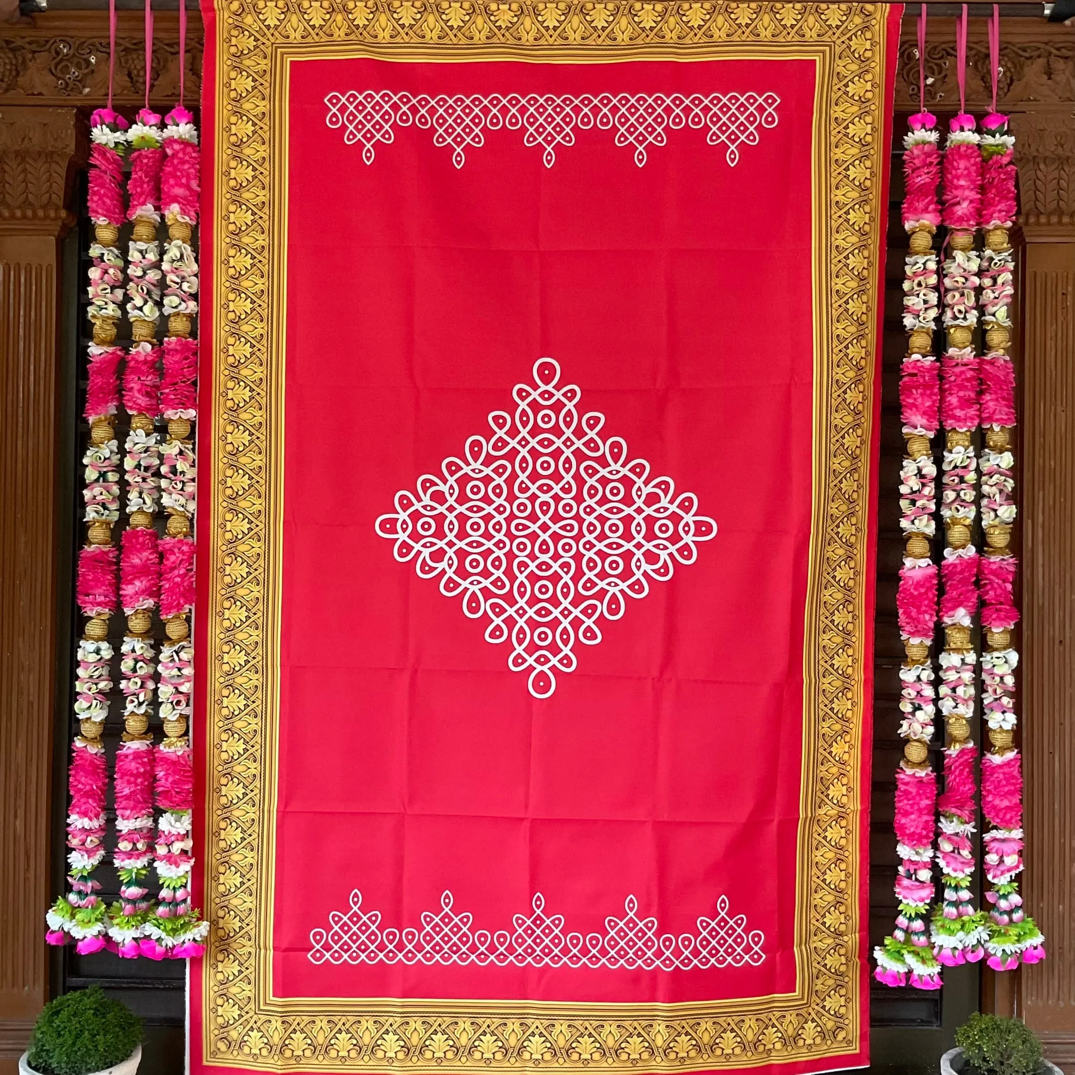 Mandala Red Backdrop With Artificial Flower Garlands (Set of 7 pcs) - Festive Decoration Wall Hanging